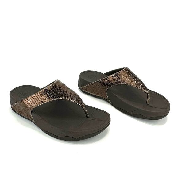 Fitflop Lulu Thong-Toe Sandal/Flip Flop Sz 8 Brown Sequin Arch Support Cushioned - Picture 1 of 13
